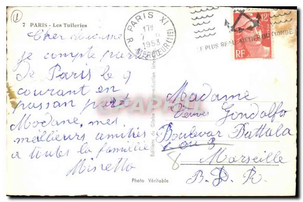 Paris - Les Tuileries — vista panorâmica — Éditions du Globe - Verso