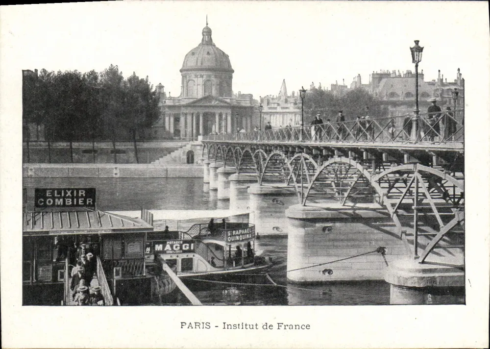 Paris - Institut de France — Ansicht der Brücke und des Ufers mit Werbbooten - Vorderseite