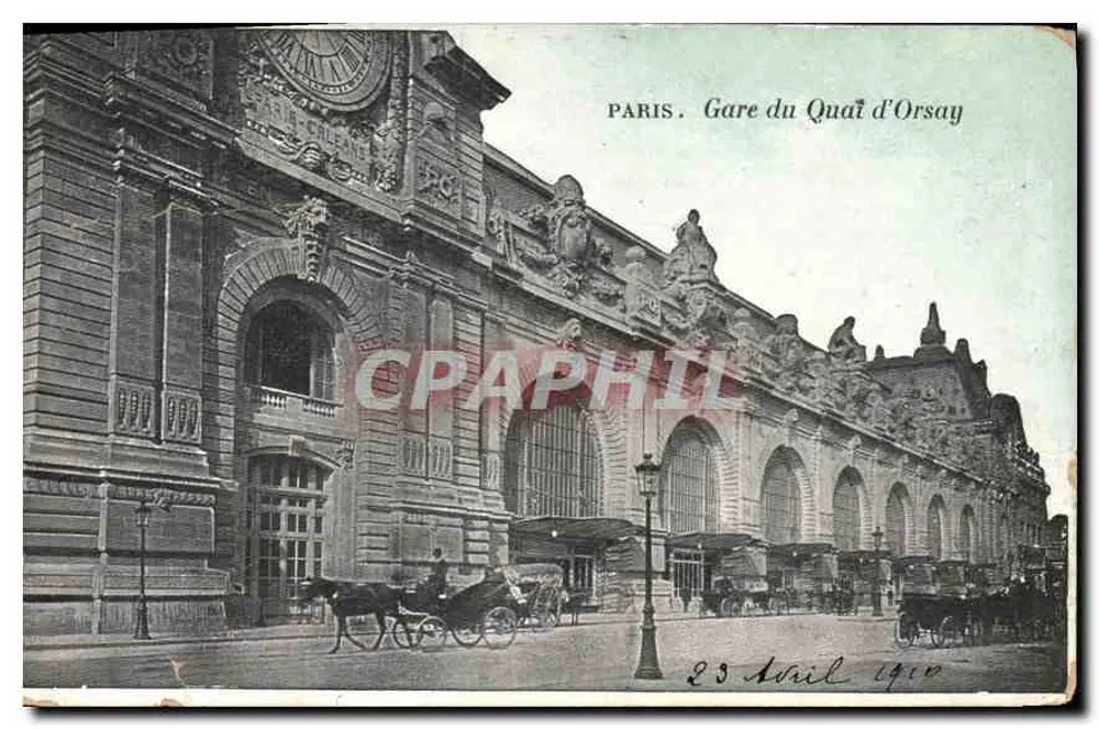 Paris. Estação do Quai d'Orsay — vista do edifício com cavalos e fiacres — datada 23 abril 1910 - Frente