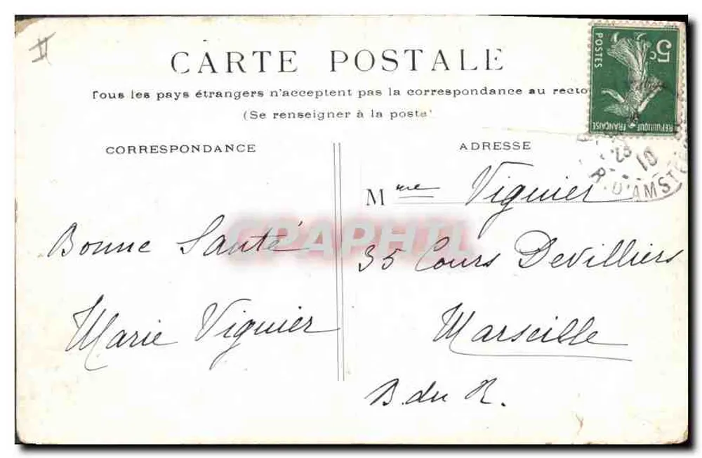 Paris. Estação do Quai d'Orsay — vista do edifício com cavalos e fiacres — datada 23 abril 1910 - Verso