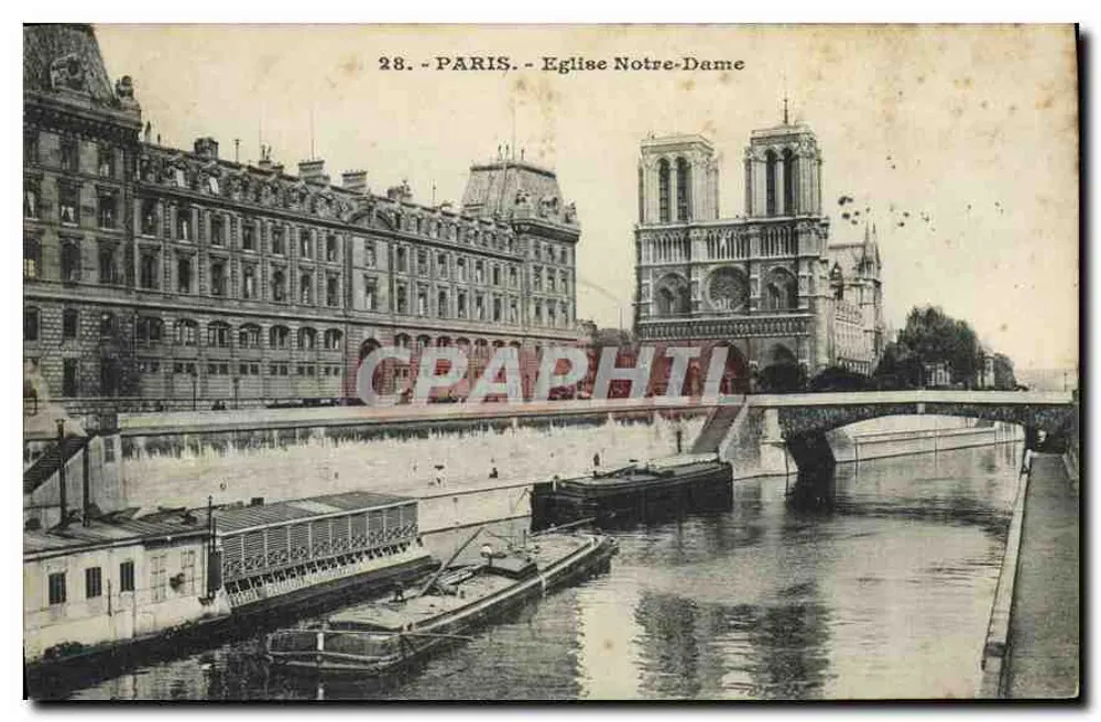Paris - Igreja de Nossa Senhora — vista da Seine, com barcos e ponte — editor não identificado, n° 28 - Frente