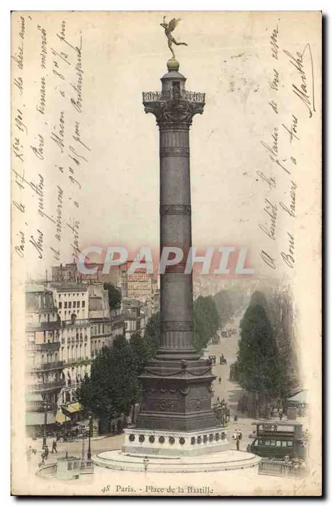 Paris - Praça da Bastilha — coluna monumental com anjo no topo — editor anônimo, n° 48 - Frente