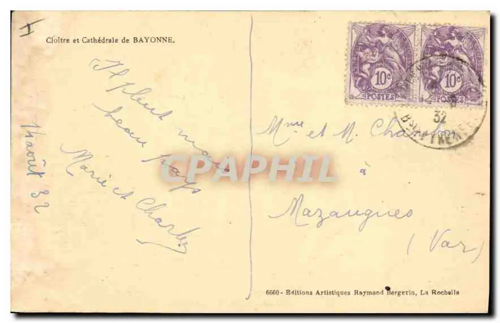 Kloster i katedra w Bayonne — Wydawnictwo Artystyczne Raymond Bergerin, nr 6660 - Rewers