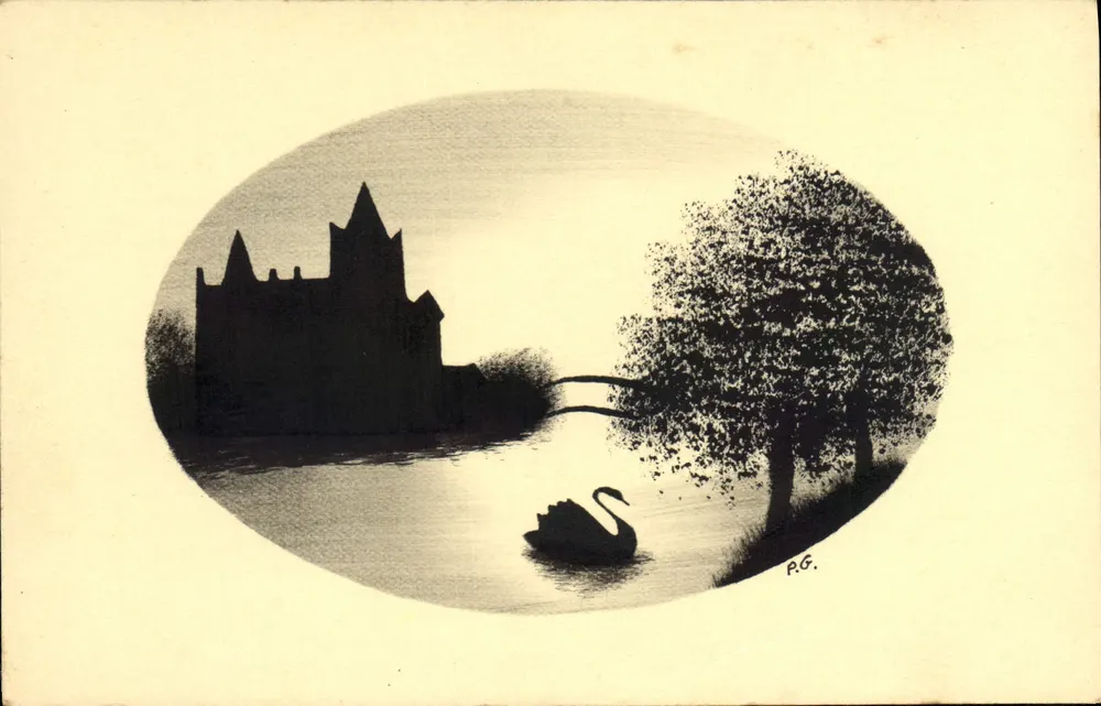 Castelo e cisne — ilustração em preto e branco — P.G. (assinatura) — editor não visível - Frente