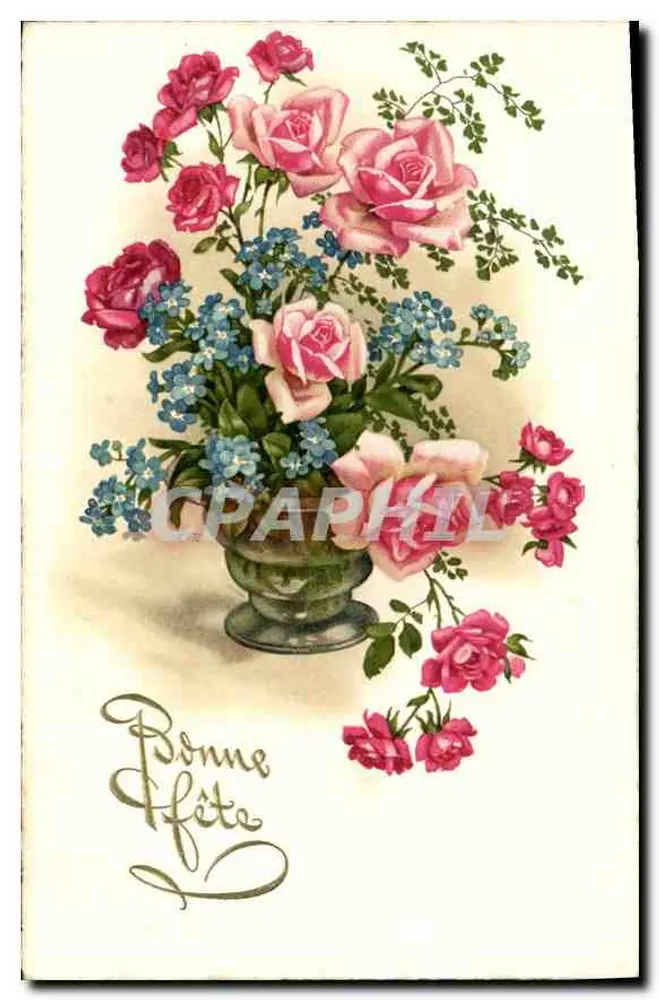 Bouquet of roses and blue flowers — Happy Birthday — publisher not visible - Front