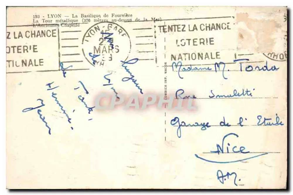 Lyon - A Basílica de Fourvière e a Torre Metálica — Editor C. M. (assinatura visível) — n° de série 193 - Verso
