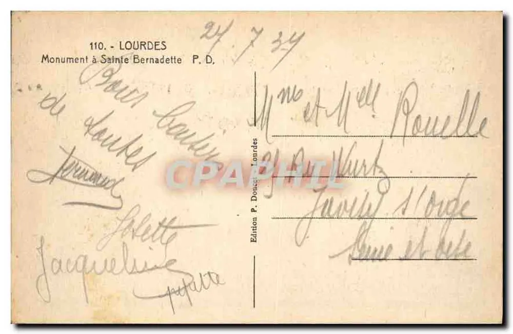Lourdes — Monumento a Santa Bernadette — Edição P. Doucet Lourdes n°110 - Verso