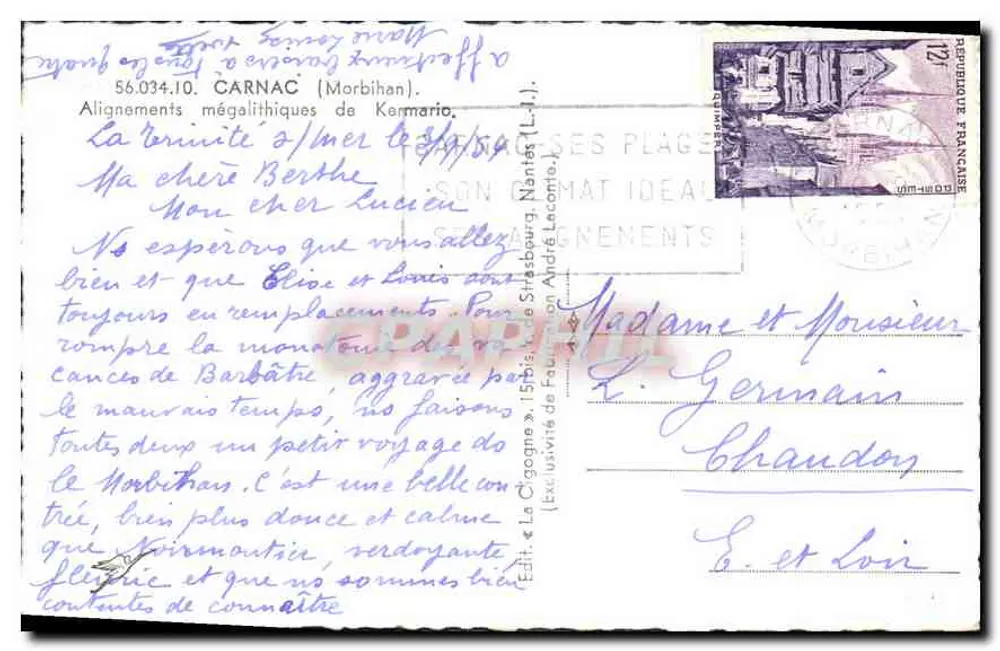 Alinhamentos megalíticos de Kermario — Carnac (Morbihan) — Editor La Cigogne, n° 56.034.10 - Verso