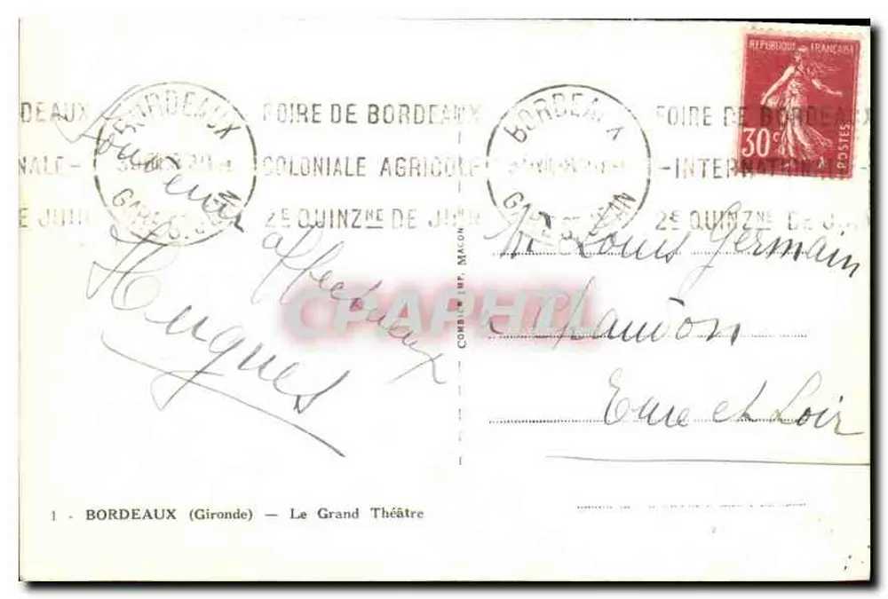Bordeaux — Ansicht des Grand Théâtres — Verlag Clary, Nr. 1 - Rückseite
