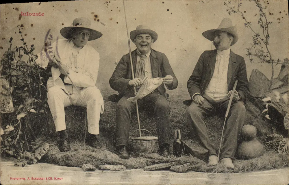 Três pescadores — cena de pesca — Fototipia A. Bergeret & Cie, Nancy - Frente
