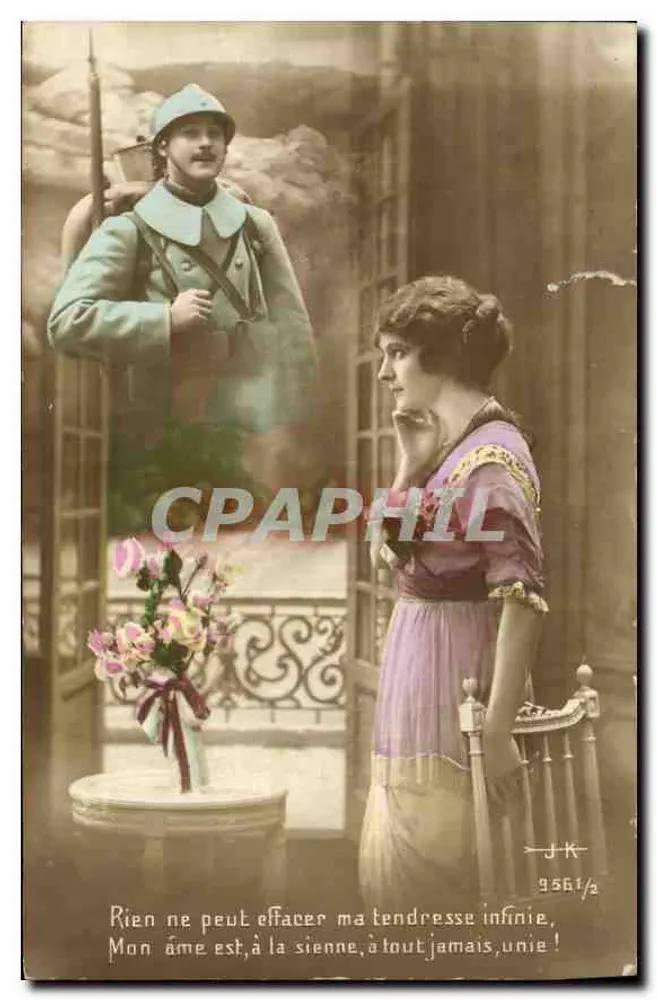 Soldat und Frau im Freien — gedruckter und handschriftlicher Text — Verlag J.K. Nr. 9561/2 - Vorderseite