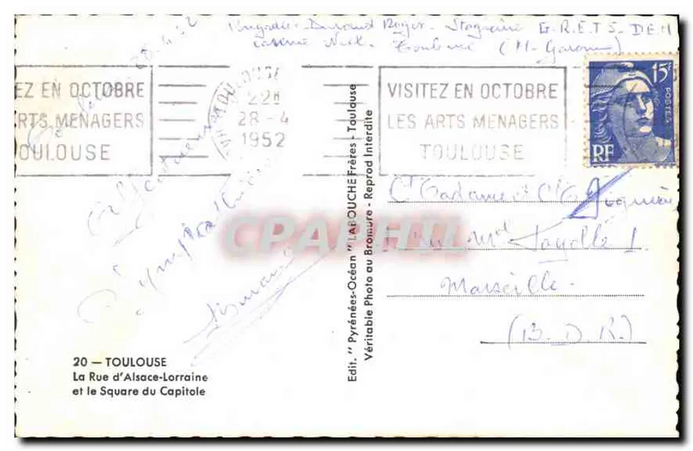 Toulouse — Rue d'Alsace-Lorraine und Square du Capitole — Verlag 'Pyrénées-Océan' Die Rue d'Alsace-Lorraine - Rückseite