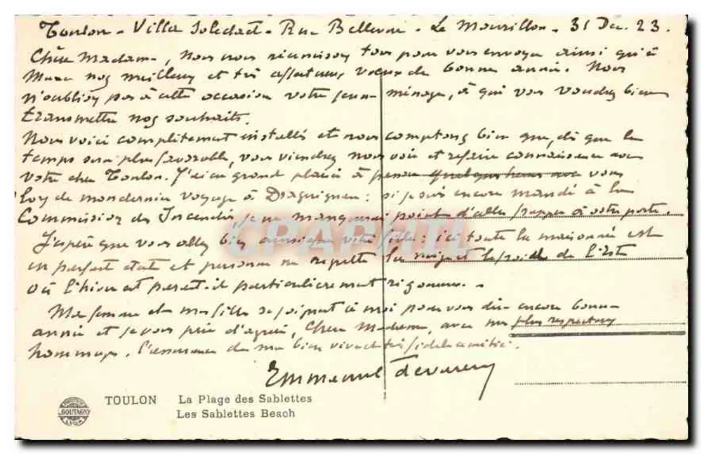 Coton - Villa Soleil - Rue Belleau - Le Mourillon — editor Toulon, Les Sablettes Beach - Verso