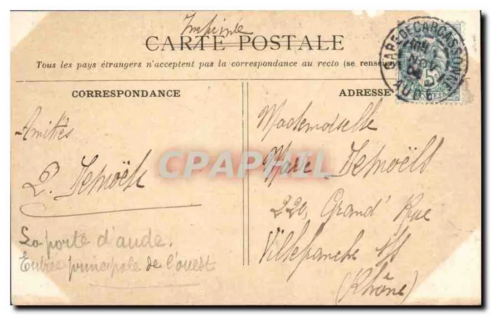 Castelo de Carcassonne — visão da porta de Aude — editor não identificado - Verso