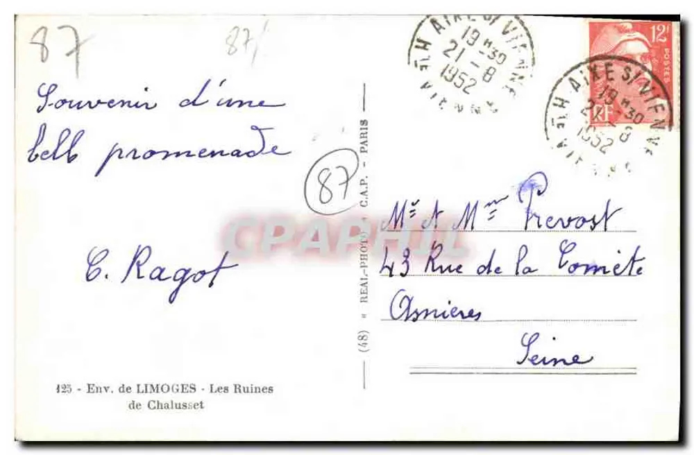 Ruínas de Chaluset — Environs de Limoges — editor C.A.P. n° 425 - Verso