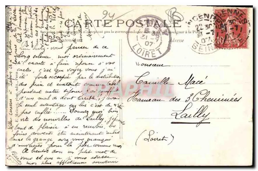 Vincennes - Cours Marigny - Estátua do Geral Daumesnil — E. M. n° 34 - Verso