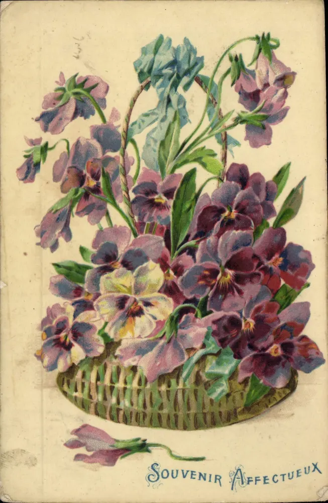 Bouquet de pensées dans un panier — Souvenir Affectueux — K.F. éditeurs, Paris, Série 1866 - Frente
