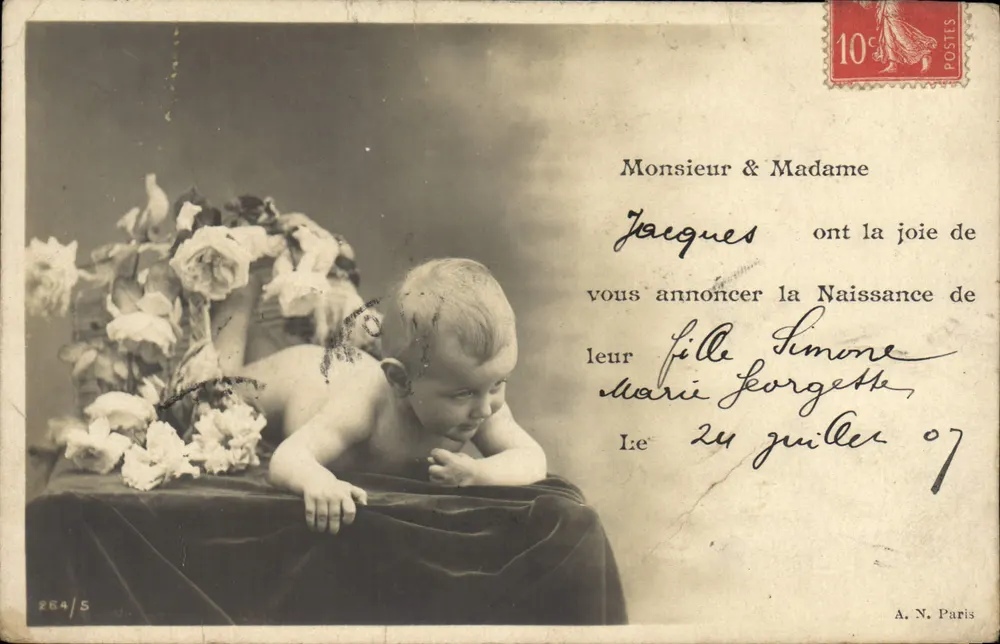 Nouveau-né — scène de naissance avec bouquet de roses — A.N. Paris, n° 264/5 - Frente