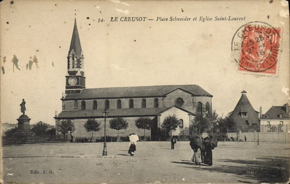 Le Creusot — Place Schneider und Kirche Saint-Laurent — Verlag J. G. - Vorderseite