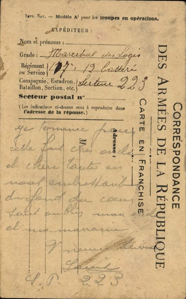 Correspondência militar — Carta postal de tropas em operações — 1914 — 19º batalhão, 223º setor postal - Frente