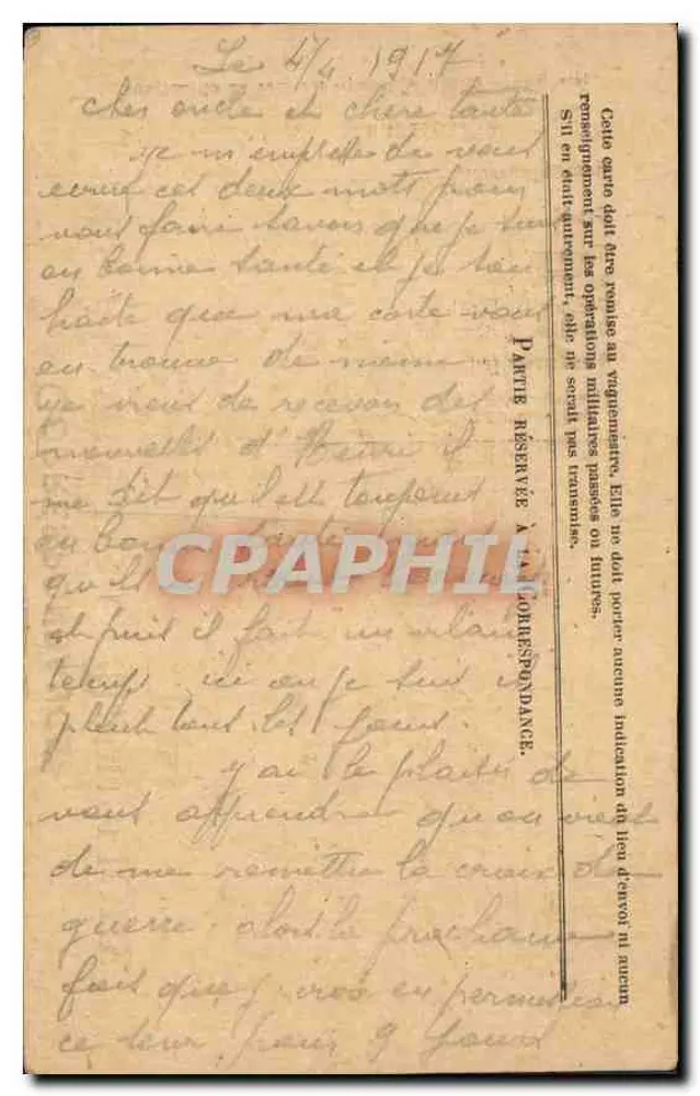Correspondência militar — Carta postal de tropas em operações — 1914 — 19º batalhão, 223º setor postal - Verso