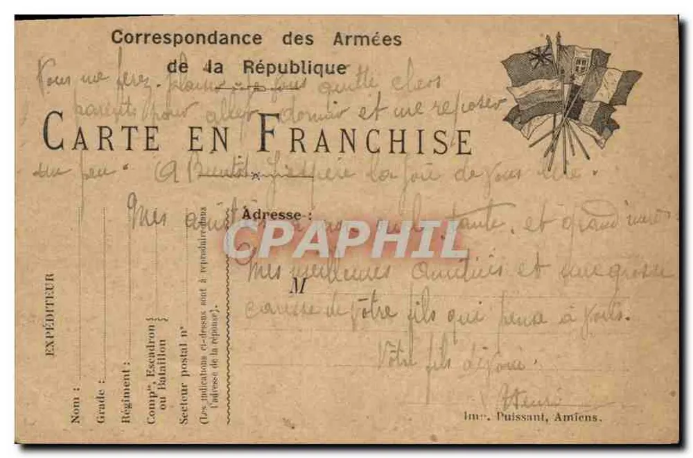 Correspondência das Forças da República — Carta em franquia — Remetente em Amiens - Frente