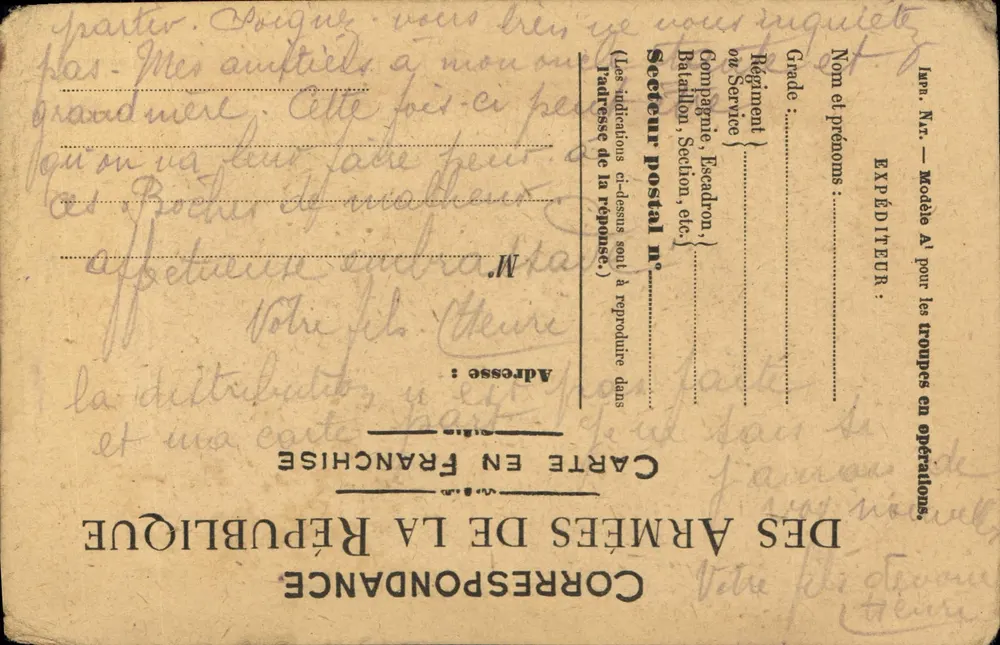 Correspondência militar — Carta postal de tropas em operações — Editor: Carta em franquia das Forças Armadas da República - Frente