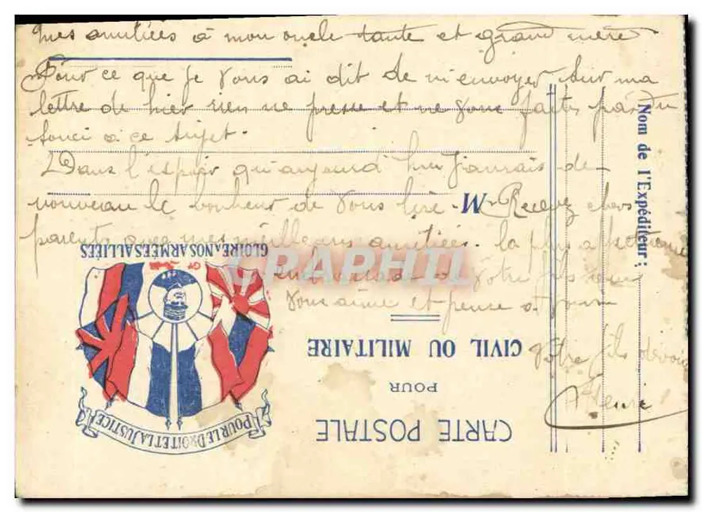 Carte postale militar — França — editor 'Gloire aux Armées Alliées' — número de série não visível - Frente