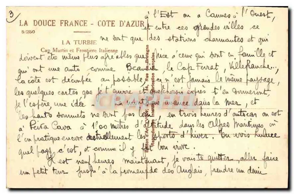 Cap Martin - italienische Grenze — La Turbie — Verlag Nior, Nummer 5/250 - Rückseite