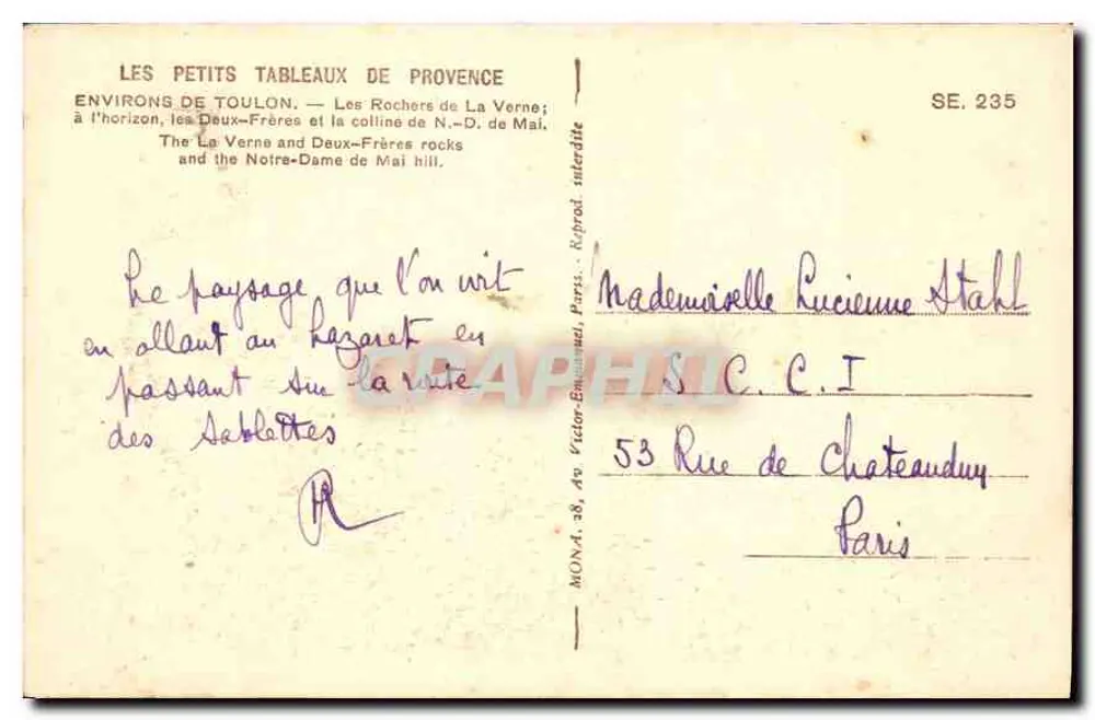 Die Felsen von La Verne — Die Zwillingsbrüder und der Berg Notre-Dame de Mai — Verlag Mona, Nr. SE.235 - Rückseite