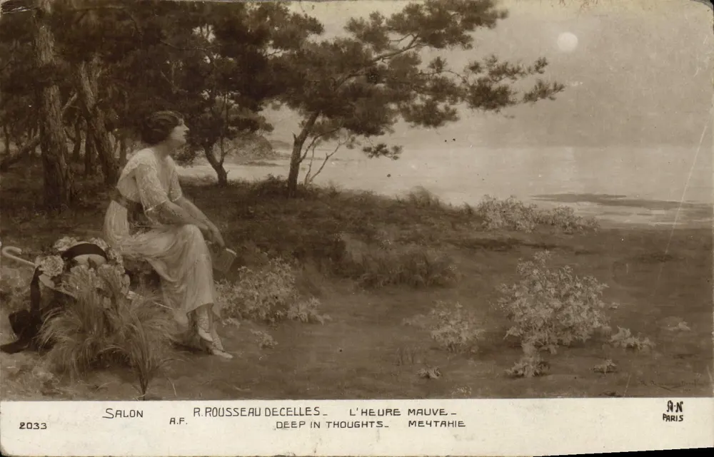 고개를 숙인 여성 — 밤의 장면 — 파리 Salon R. Rousseau Decelles - 앞면