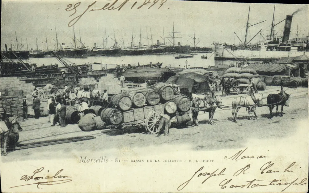 Marseille - Bassin de la Joliette — Hafenansicht mit Wagen und Booten — E. L. Phot. - Vorderseite