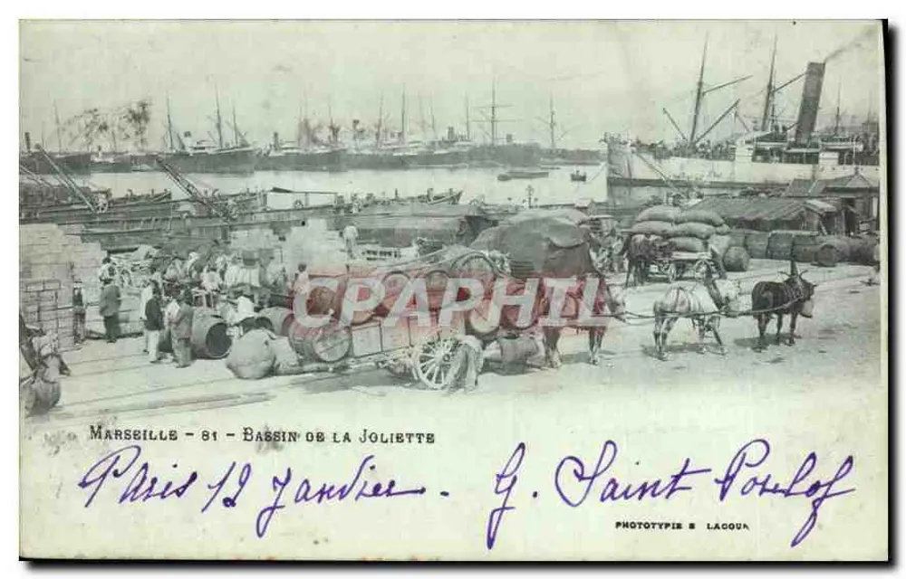 Marseille - Bassin de la Joliette — Hafenansicht mit Wagen und Schiffen — Phototypie Lagoua - Vorderseite