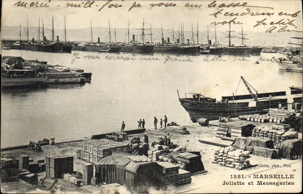 Porto de Marselha — vista do porto com navios e cargas — Jollette e Messageries, Nice, n°1521 - Frente