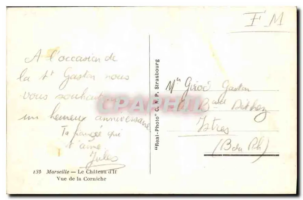 Le Château d'If — vue de la Corniche — éditeur 'Real-Photo' C. P. Strasbourg - Verso