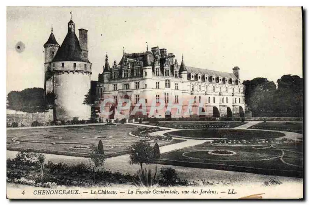 Chenonceaux — Das Schloss — Die westliche Fassade, Ansicht aus den Gärten — LL. - Vorderseite