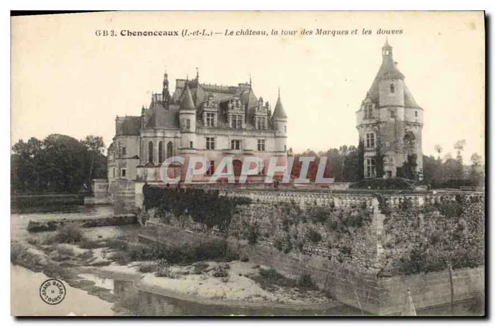 Chenonceaux (Loire-et-Cher) — Das Schloss, die Turm der Marques und der Graben - Vorderseite
