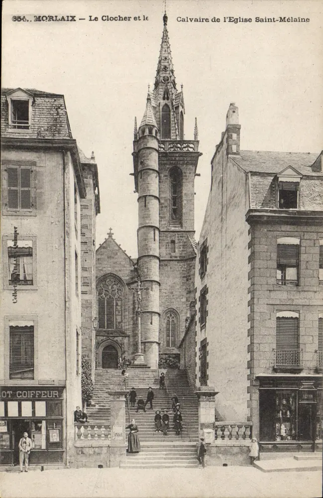 Morlaix — Ansicht des Kirchturms und des Calvariums der Kirche Saint-Mélaine — Verleger: C. Coiffeur - Vorderseite