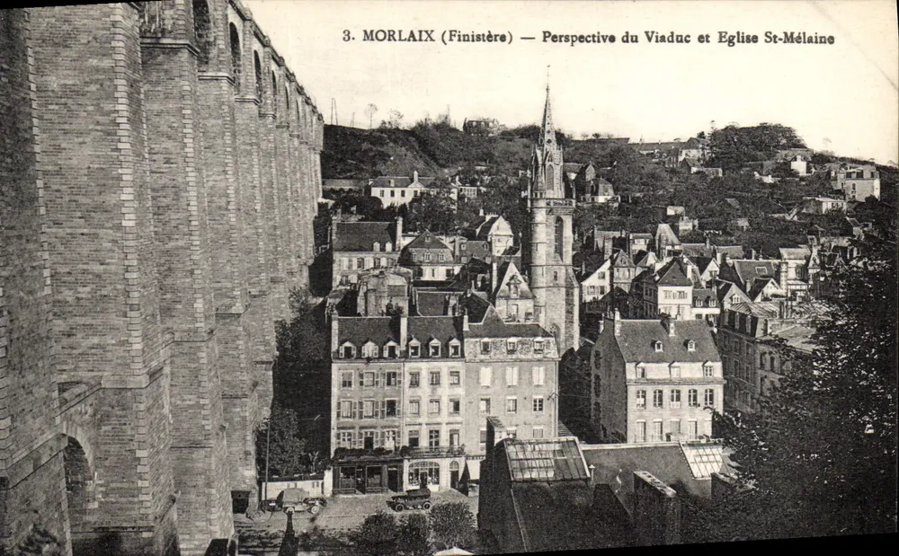 Morlaix (Finistère) — Ansicht des Viadukts und der Kirche St-Mélaine - Vorderseite