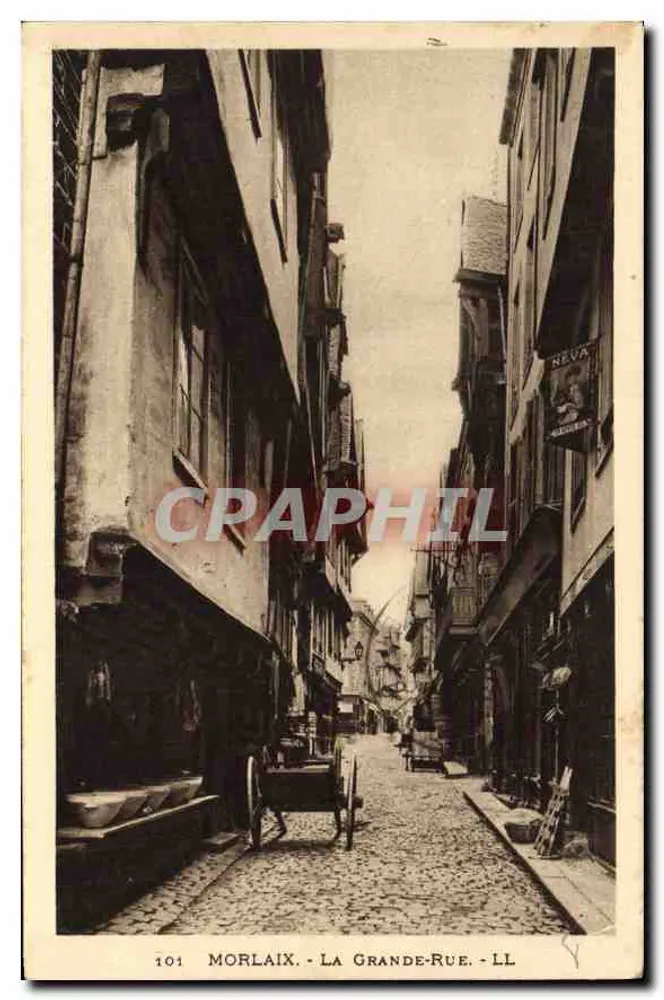 Morlaix - A Grande-Rua — vista de rua pavimentada com carruagem — editor LL, n° 101 - Frente