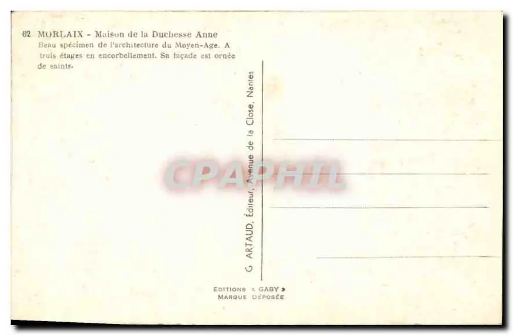 Morlaix - Casa da Duquesa Ana — Editor Gaby, n°62 - Verso