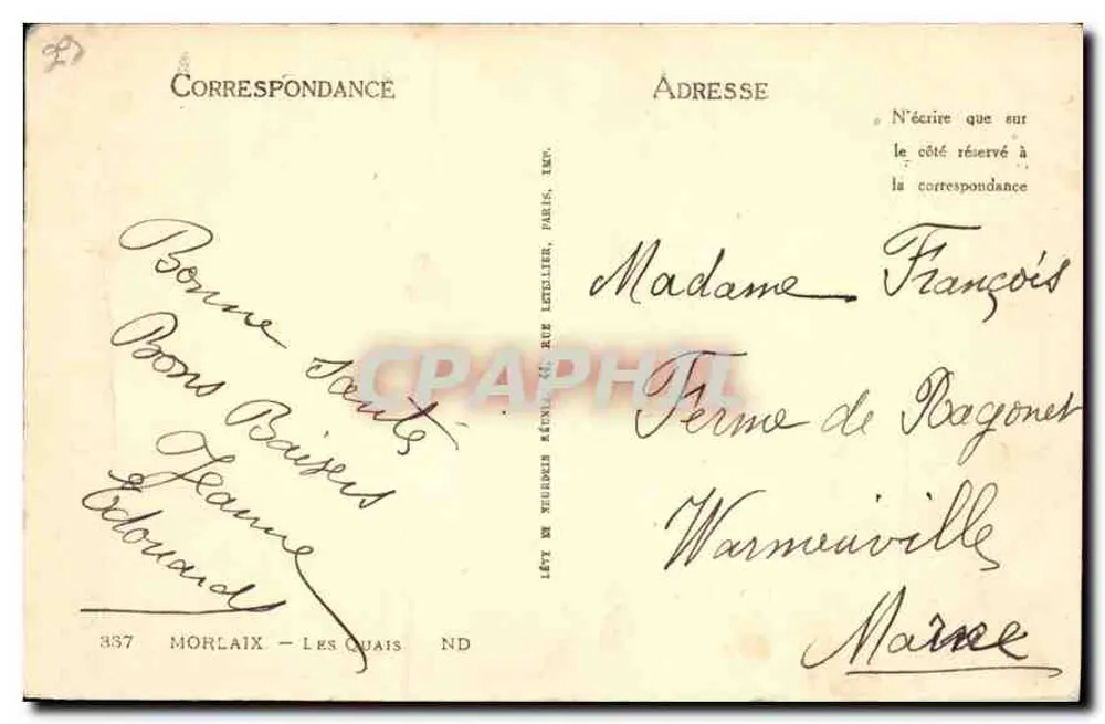 Morlaix — Les quais — Éditeur : LÉTÉ DE NEURCIS RÉCOURT, 337 MORLAIX - LES QUAI - Rewers