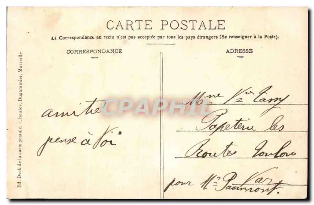 Marselha — Hotel das Correios e Telégrafos — Ed. Dugommier, n°11 - Verso