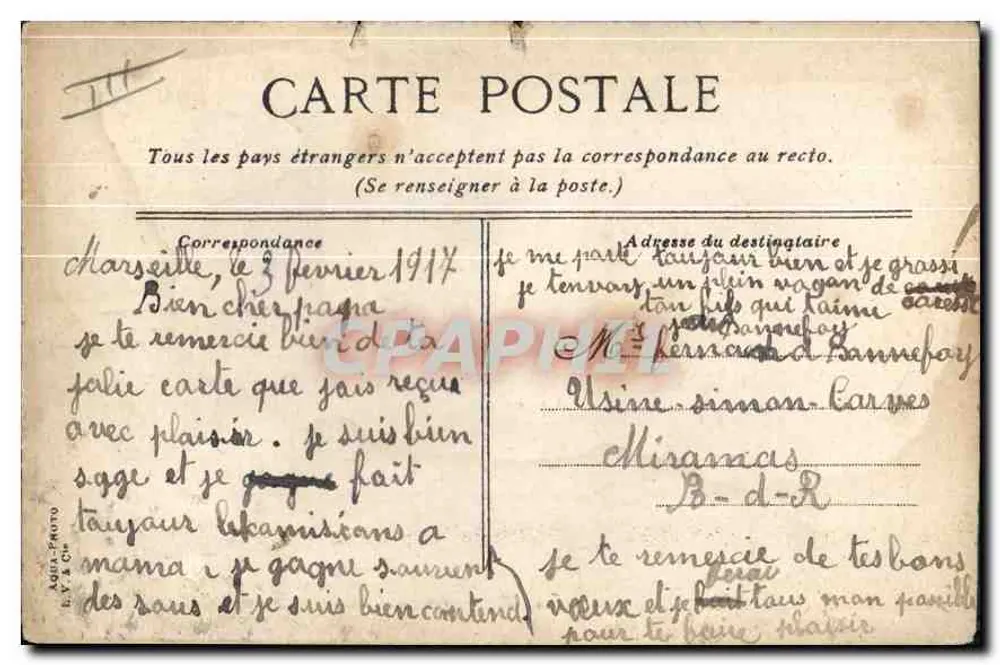 Marseille. le service du "Passage" dans le Vieux Port — B.M. CARENAGE SAINT JEAN, éditeur LV & C° - Verso