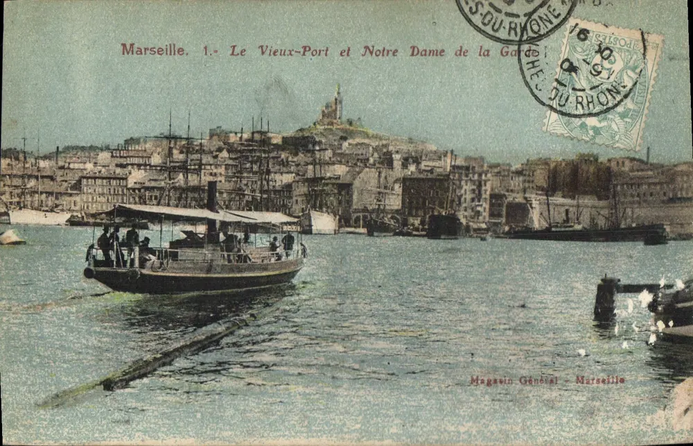 Marseille. 1.- Ansicht des Alten Hafens und Notre Dame de la Garde — Magasin Général - Marseille - Vorderseite