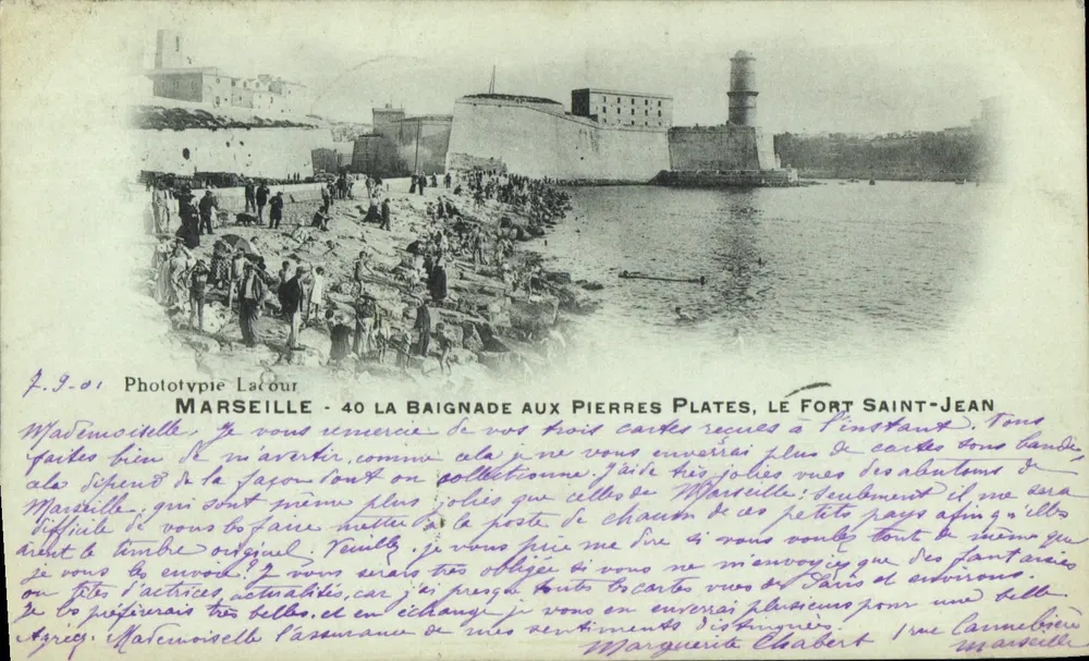 Marseille — Ansicht der Badeanstalt Pierres Plates, Schloss Saint-Jean — Phototypie Lacour, n° 40 - Vorderseite