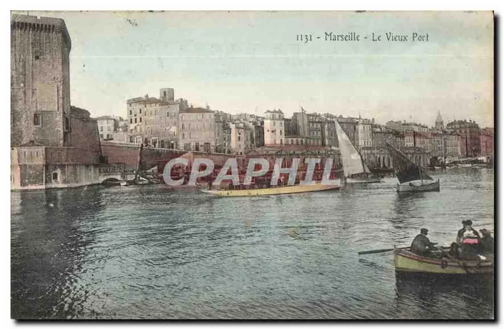 Marsella - El Puerto Viejo — vista del puerto con barcos y torre — editor C. Raphaël, n° 1131 - Anverso