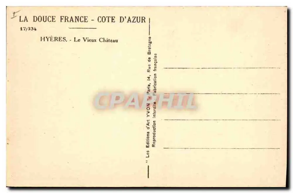 Hyères - Das alte Schloss — Côte d'Azur — Éditions d'Art Yvon, Paris - Rückseite