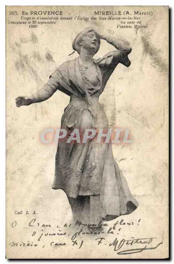 Statue von Mireille (A. Mercié) — eingeweiht am 26. September 1920 vor der Kirche der Saintes-Maries-de-la-Mer — Verlag Coll. L.A., Nr. 265 - Vorderseite