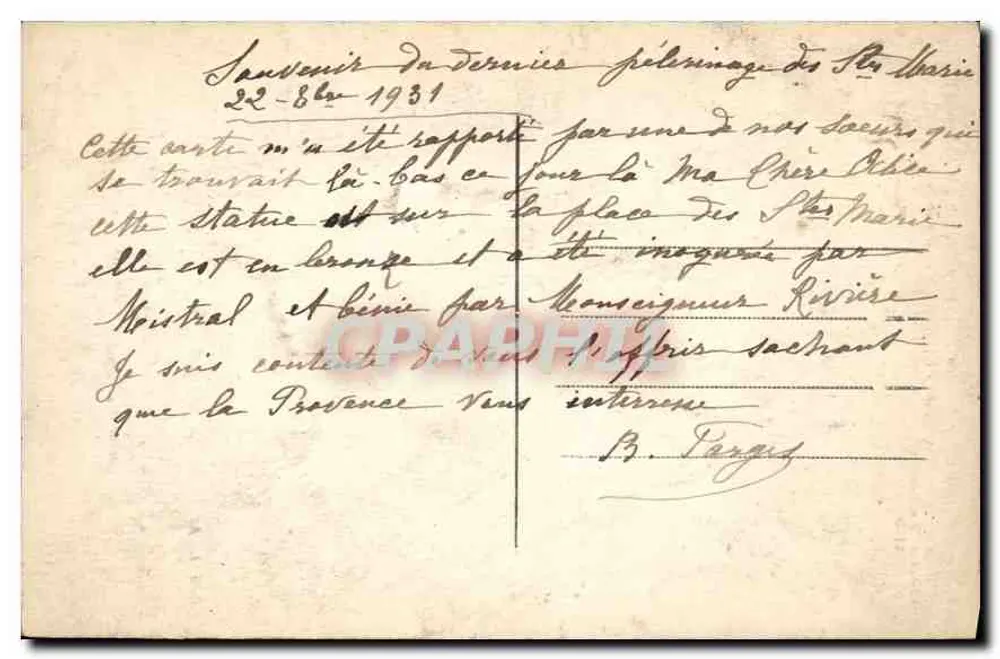 Statue von Mireille (A. Mercié) — eingeweiht am 26. September 1920 vor der Kirche der Saintes-Maries-de-la-Mer — Verlag Coll. L.A., Nr. 265 - Rückseite